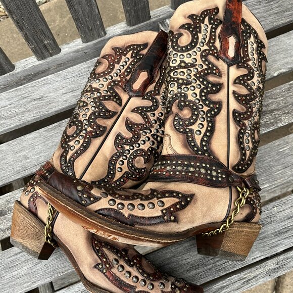 Corral Women's Sand/Overlay w/ Studs Brown Leather Boots!  Gorgeous! Size 7 1/2 - Picture 16 of 16